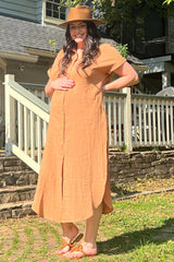 Camel Button Down Maternity Midi Dress