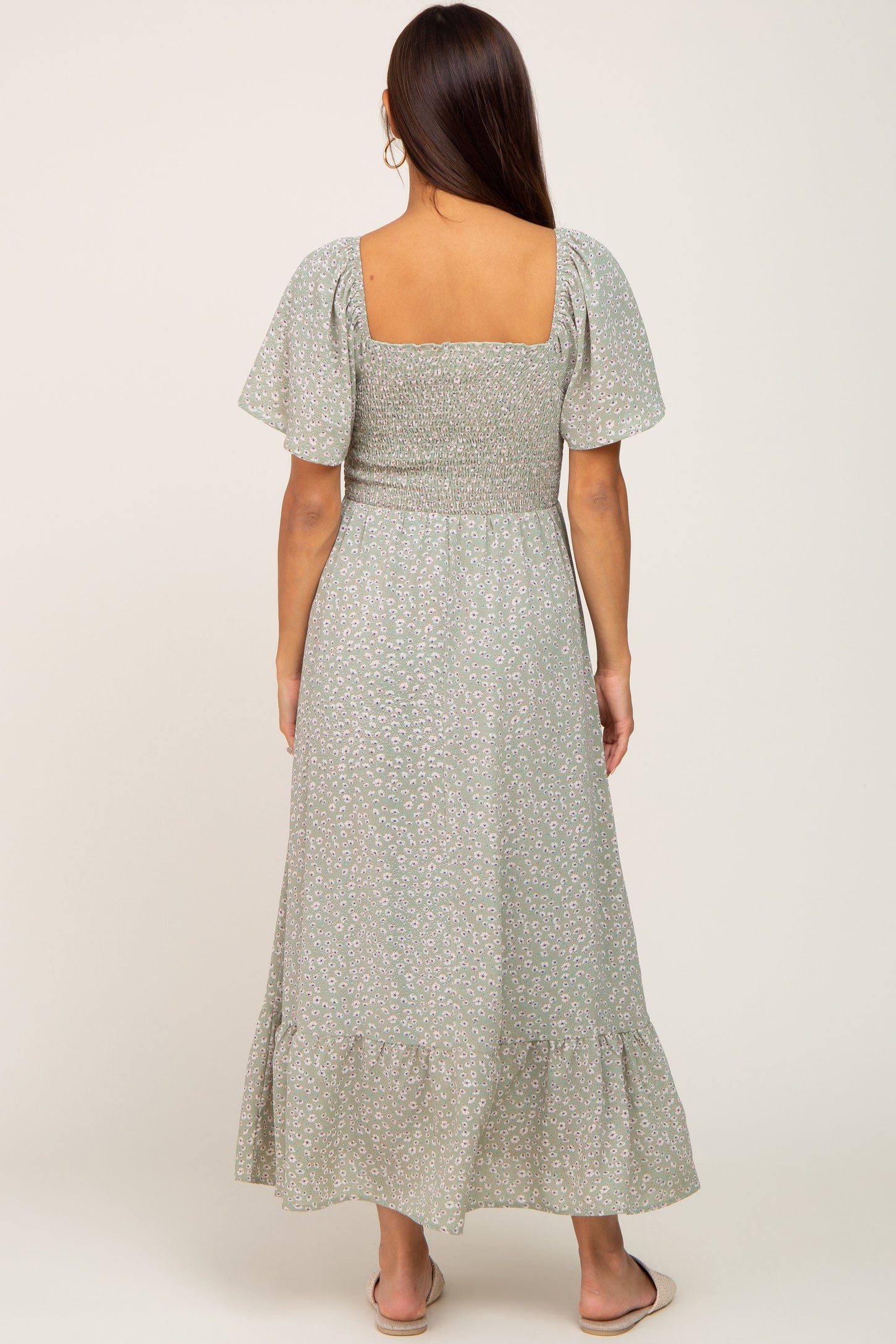 Light Olive Floral Smocked Maternity Midi Dress