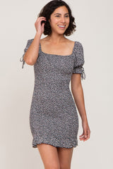 Black Floral Smocked Short Puff Sleeve Maternity Mini Dress