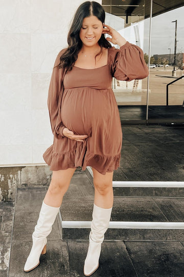 Brown Square Neck Puff Long Sleeve Maternity Dress