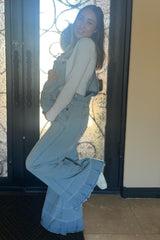 Blue Light Wash Denim Distressed Wide Leg Maternity Overalls