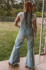 Blue Light Wash Denim Distressed Wide Leg Overalls