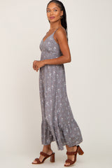 Grey Floral Sleeveless Button Front Dress