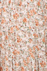 maternity wear floral print dress featuring orange and cream hues with ruffle hem detail