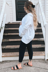 White Button Front Ribbed Trim Hooded Maternity Sweatshirt