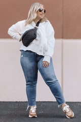 White Button Front Ribbed Trim Hooded Sweatshirt