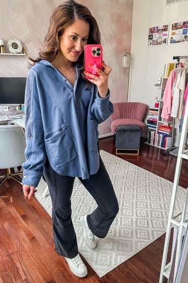 Blue Soft Mixed Knit Button Front Hooded Top