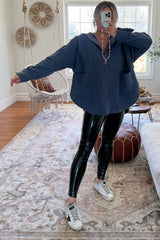 Blue Soft Mixed Knit Button Front Hooded Top