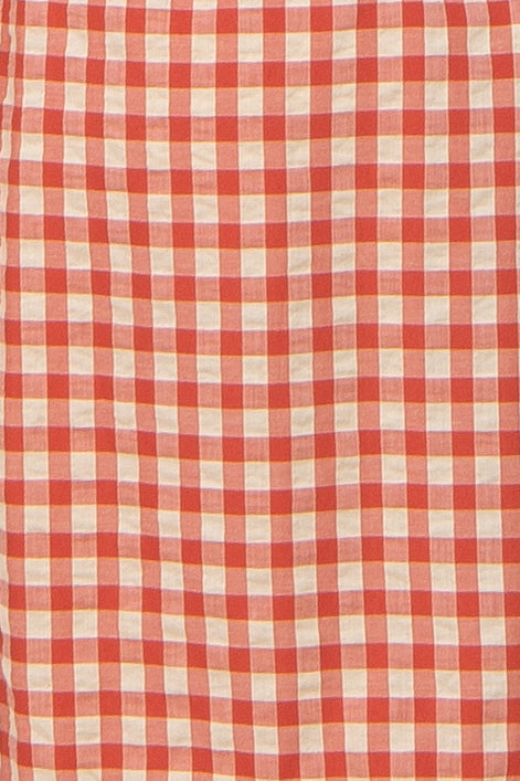 maternity wear in red and beige gingham check fabric, suitable for stylish outfits during pregnancy