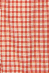 maternity wear in red and beige gingham check fabric, suitable for stylish outfits during pregnancy