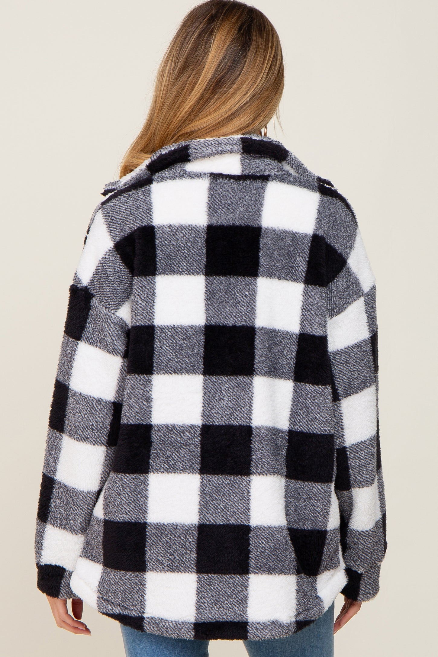 Black Plaid Fuzzy Maternity Shirt Jacket