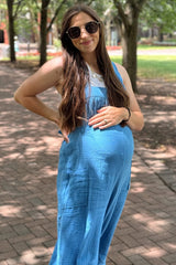 Blue Wide Leg Tie Back Maternity Overalls