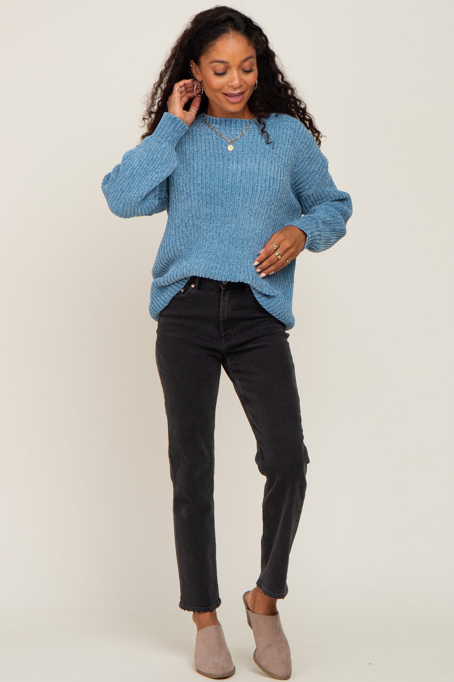 Blue Soft Chenille Knit Sweater