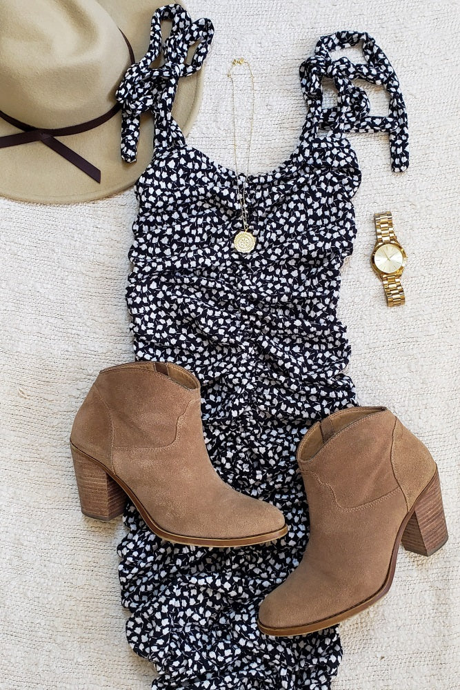 Black Printed Ribbed Shoulder Tie Ruched Dress