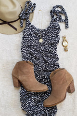 Black Printed Ribbed Shoulder Tie Ruched Dress