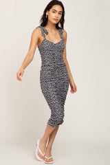 Black Printed Ribbed Shoulder Tie Ruched Dress