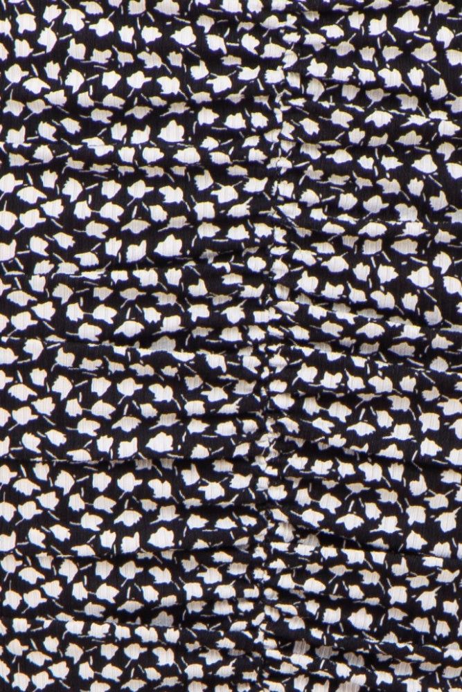 Black Printed Ribbed Shoulder Tie Ruched Dress