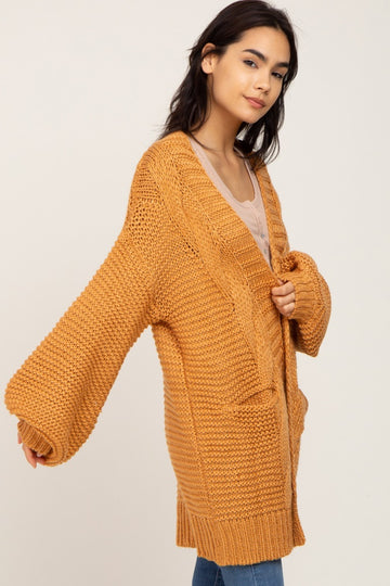 Camel Cable Knit Front Pocket Cardigan