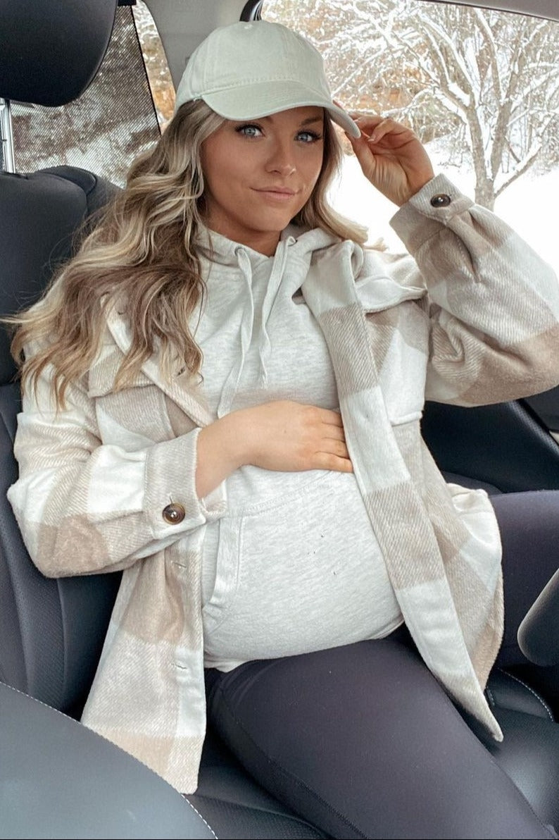 Beige Plaid Knit Maternity Shirt Jacket