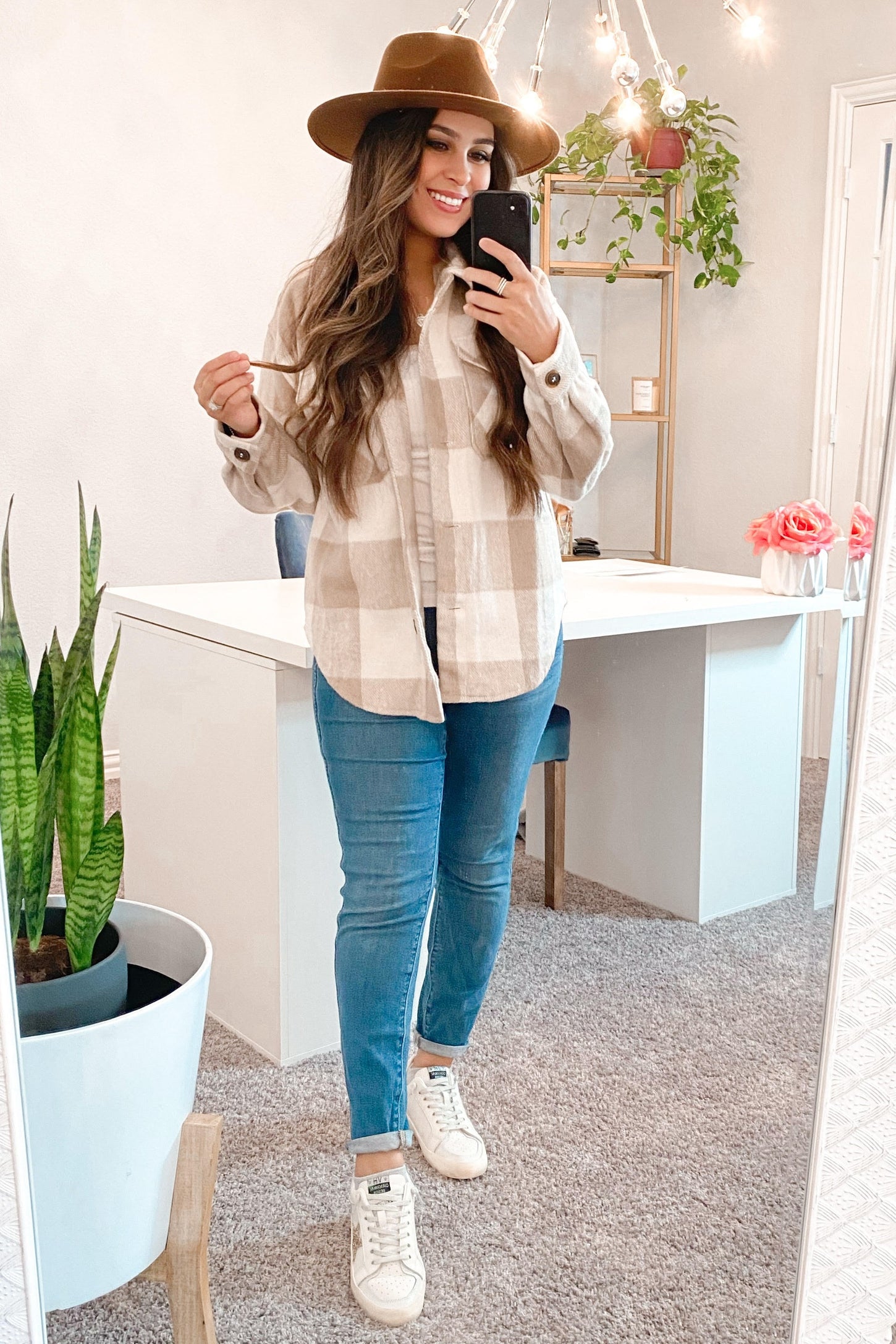 Beige Plaid Knit Shirt Jacket