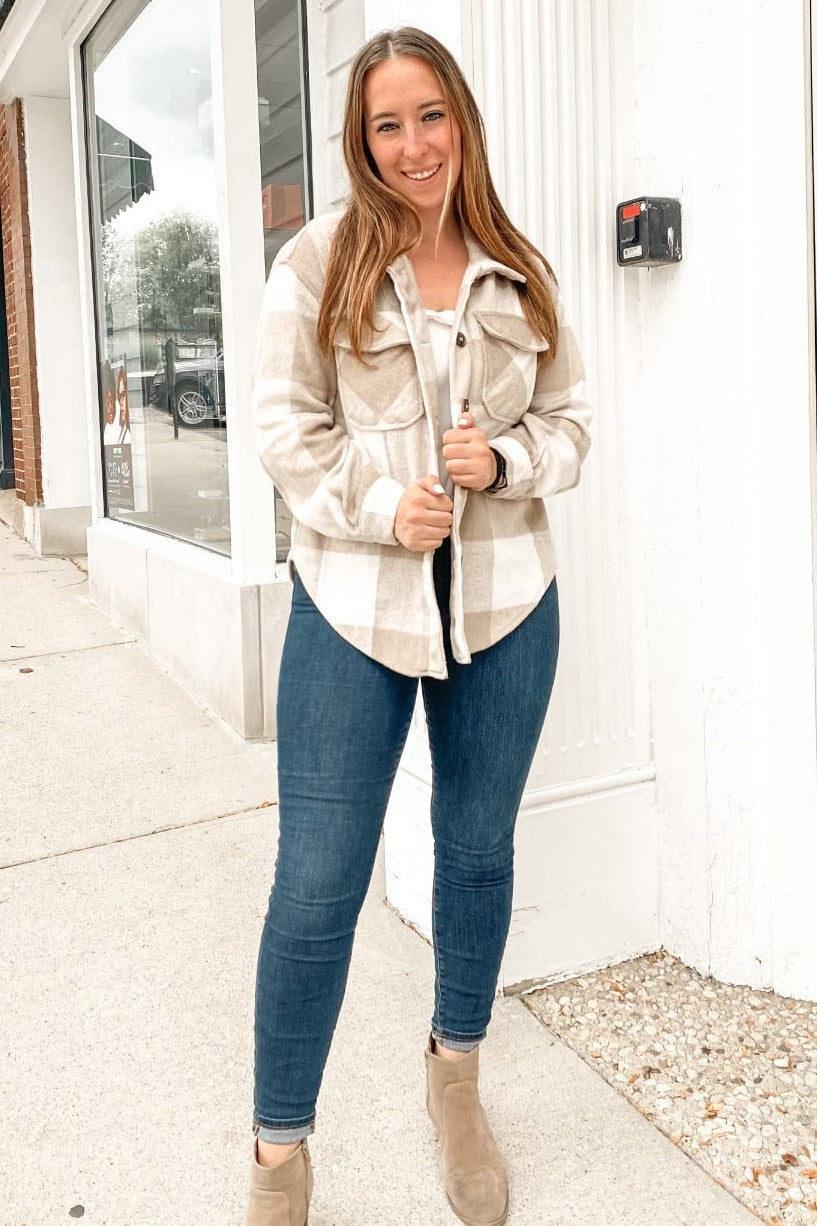 Beige Plaid Knit Shirt Jacket