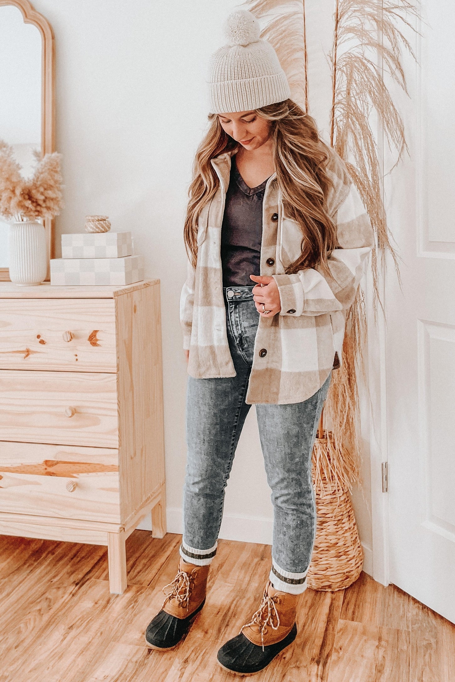 Beige Plaid Knit Shirt Jacket