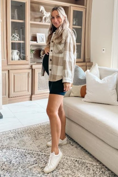 Beige Plaid Knit Maternity Shirt Jacket