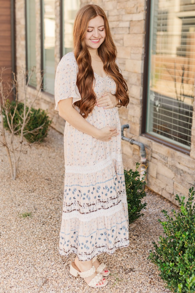 Light Pink Printed Smocked Maternity Midi Dress