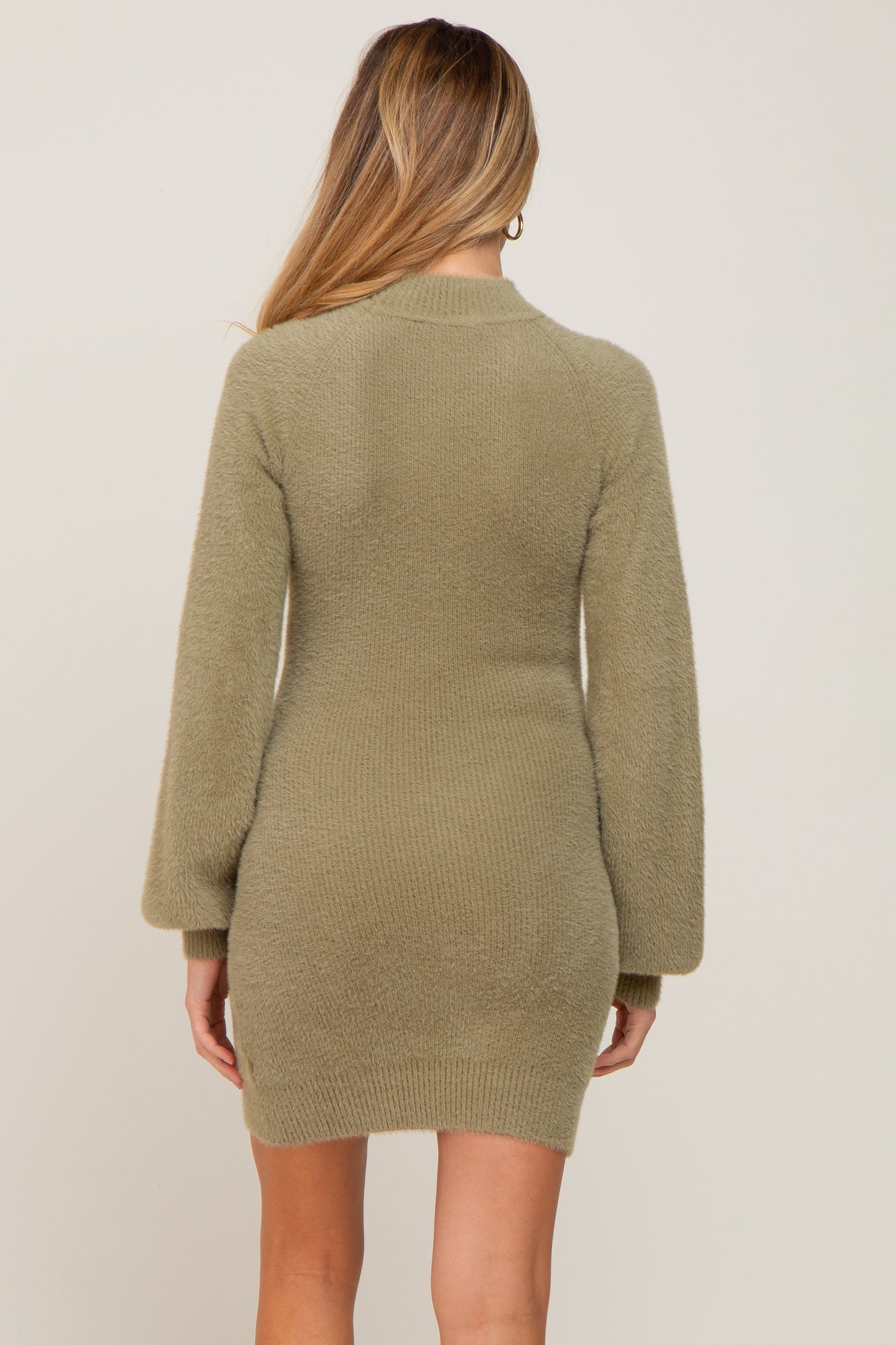 Olive Fuzzy Knit Puff Sleeve Maternity Sweater Dress
