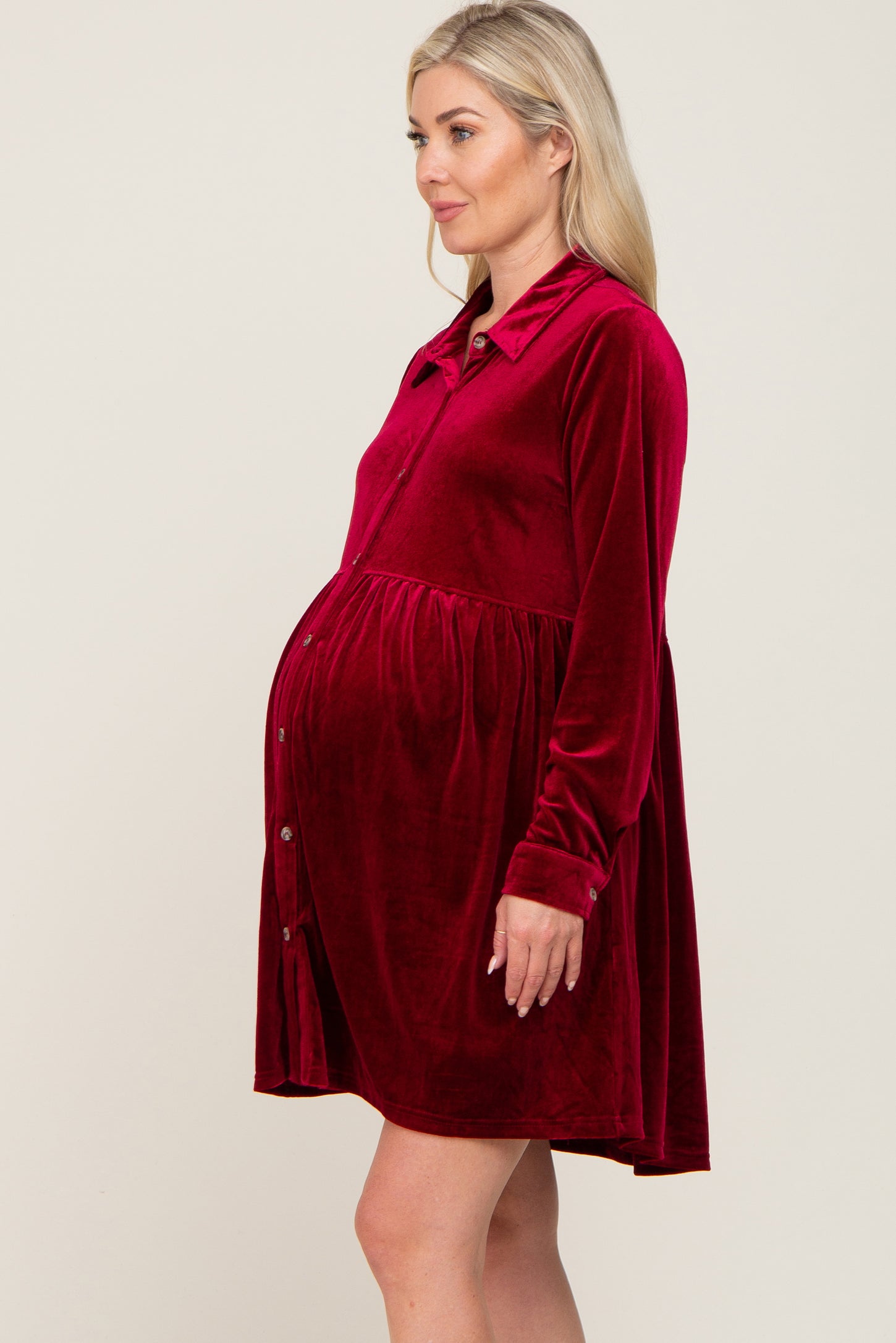 Burgundy Velvet Button Down Maternity Mini Dress