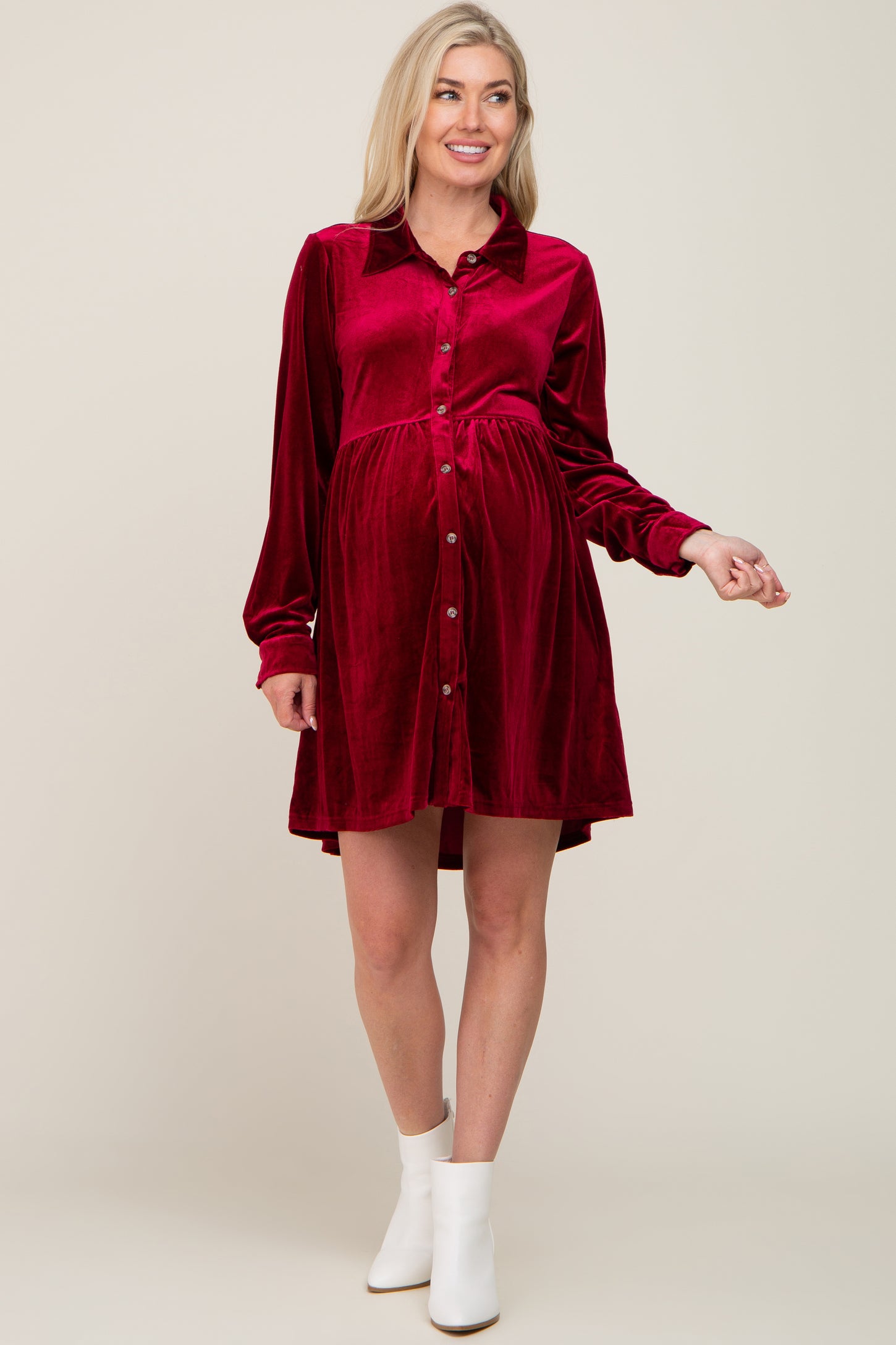 Burgundy Velvet Button Down Maternity Mini Dress