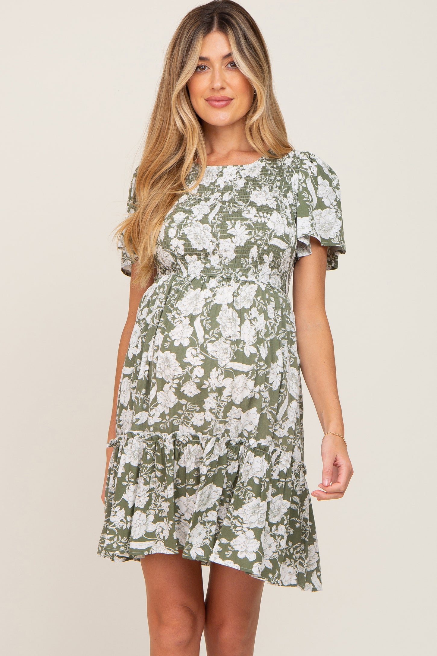 Light Olive Floral Smocked Ruffle Accent Maternity Dress