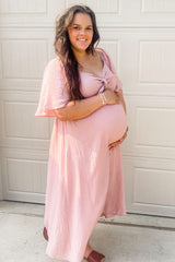 Mauve Front Tie Ruffle Sleeve Maternity Midi Dress