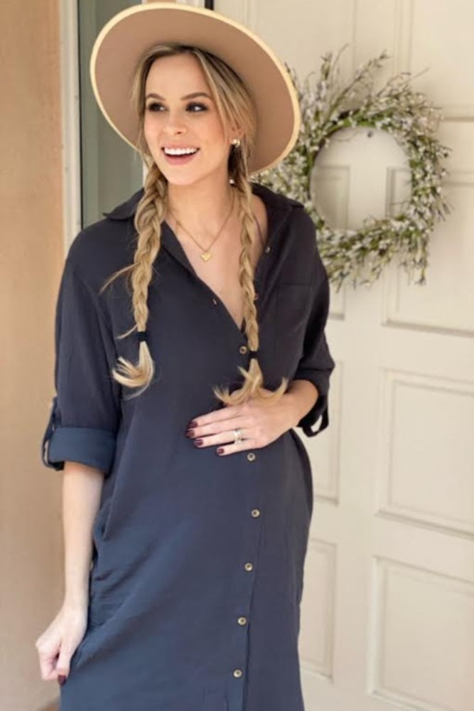 Charcoal Button Down 3/4 Sleeve Maternity Midi Dress