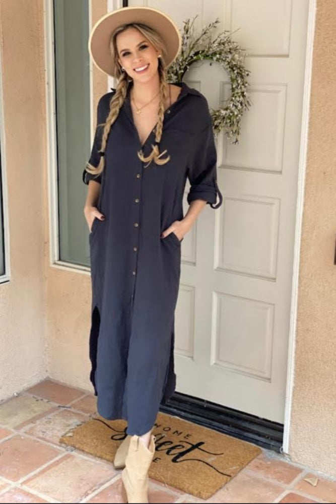 Charcoal Button Down 3/4 Sleeve Maternity Midi Dress