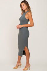 Olive Ribbed Sleeveless Side Slit Midi Dress