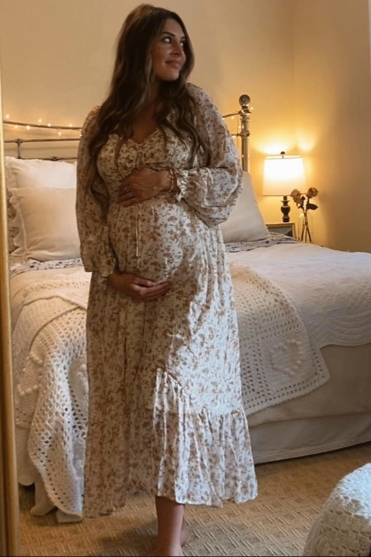 Ivory Floral Chiffon Ruffle Maternity Maxi Dress