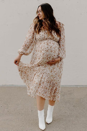 Ivory Floral Chiffon Ruffle Maternity Maxi Dress