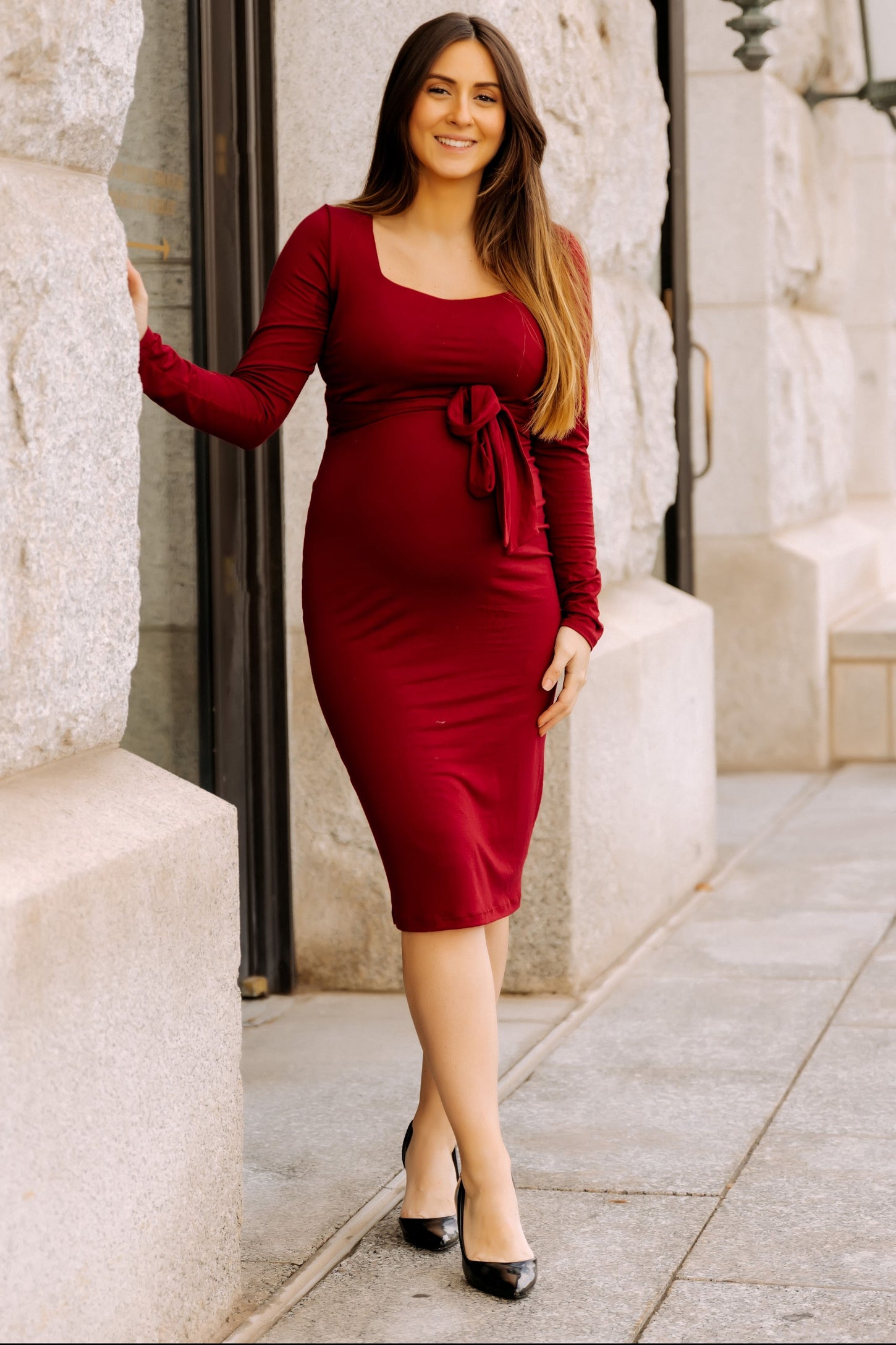 Burgundy Basic Square Neck Maternity Midi Dress