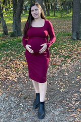 Burgundy Basic Square Neck Maternity Midi Dress