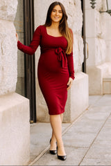 Burgundy Basic Square Neck Maternity Midi Dress