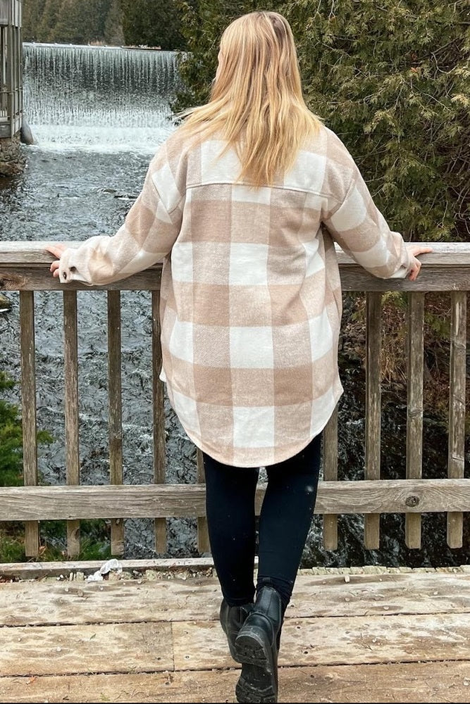 Beige Plaid Brushed Long Shacket