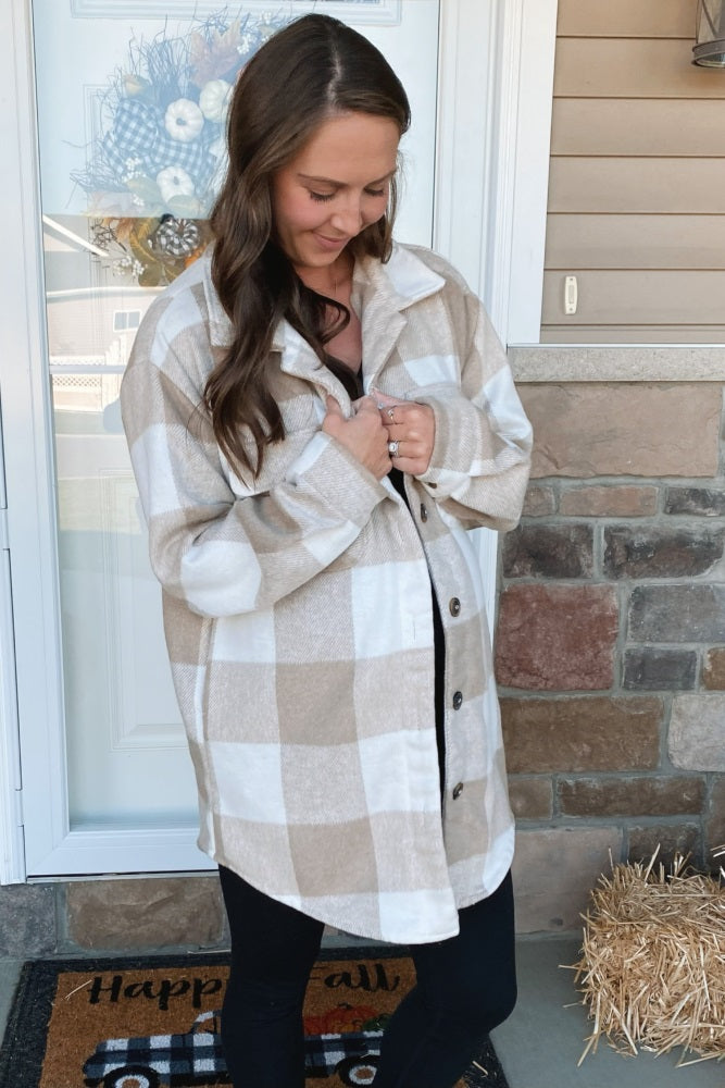 Beige Plaid Brushed Long Shacket