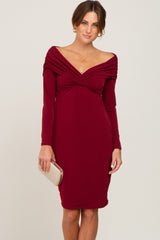Burgundy Ruched Off Shoulder Long Sleeve Maternity Dress