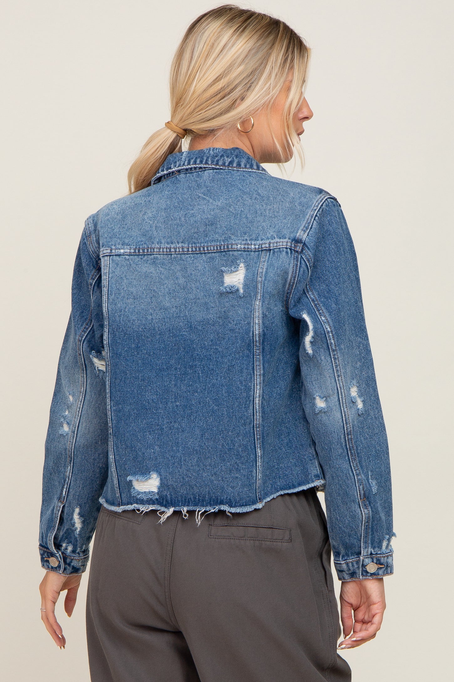 Navy Blue Distressed Cropped Denim Jacket