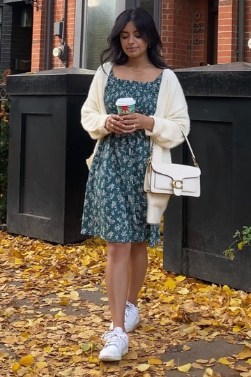 Forest Green Floral Ruffle Sleeve Smocked Dress