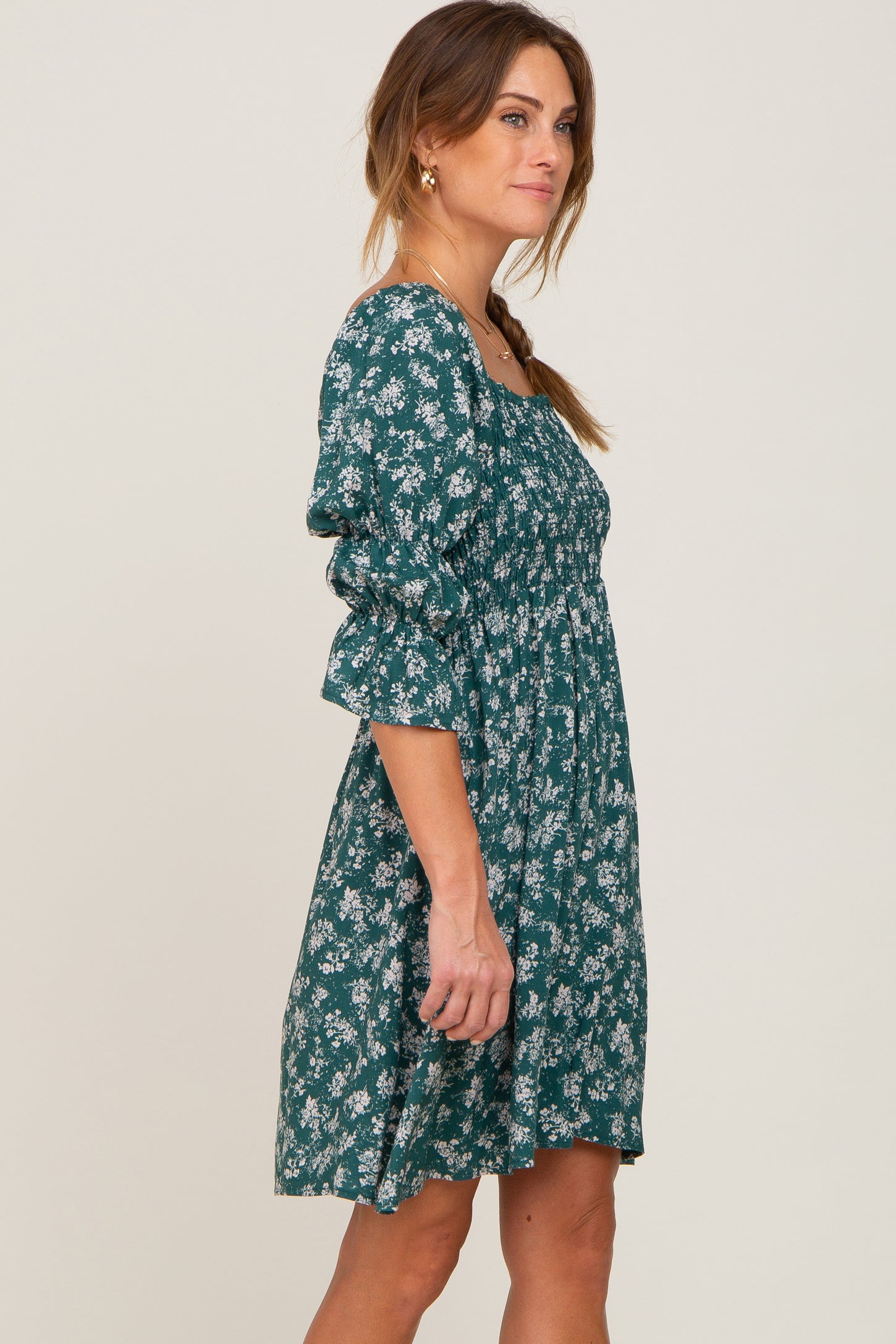 Forest Green Floral Ruffle Sleeve Smocked Dress