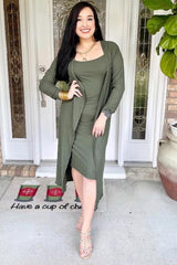 Olive Ribbed Cardigan 2 Piece Set