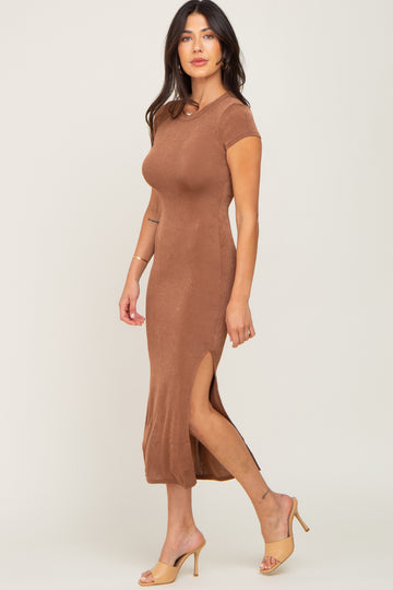 Camel Short Sleeve Side Slit Maxi Dress