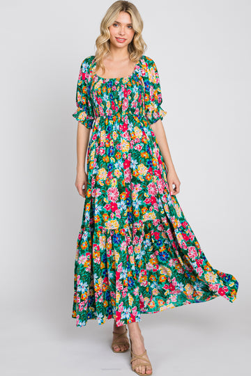 Green Floral Smocked Puff Sleeve Maxi Dress